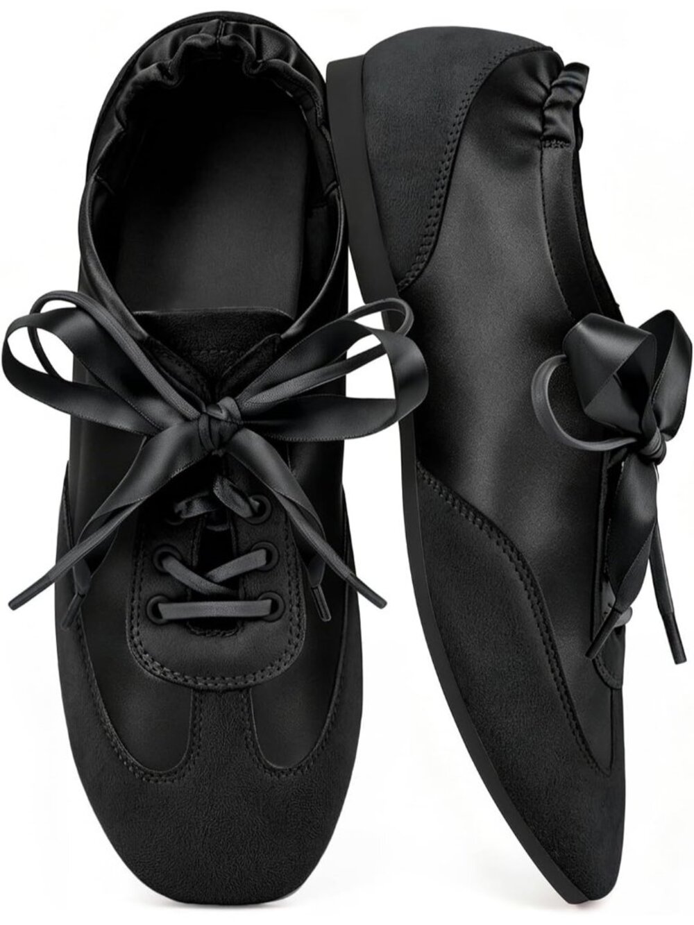 Women's Black Satin Lace Up Lightweight Slim Comfort Ballerina Flat Sneakers